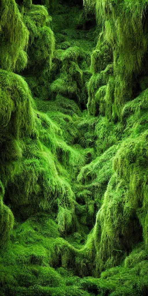 Image similar to dream looking through, a hyper realistic photograph fertile, lush mossy ferns canyon, ferns, minimalist structure, misty, raining, icelandic valley, in the style of reuben wu, roger deakins