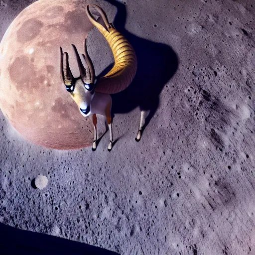 Prompt: professional photo ibex on the moon, closeup shot, hyperrealistic masterpiece, trending on artstation, cgsociety, kodakchrome, golden ratio, cinematic, composition, beautiful lighting, hyper detailed, sharp focus, octane render, 4 k, unreal engine