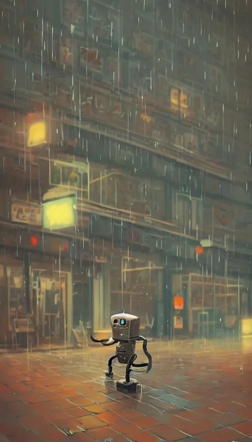 Image similar to videogame cabinet robot asking for coins in the rain, sharp focus, james gilleard, cinematic, game art, extremely detailed digital painting, print