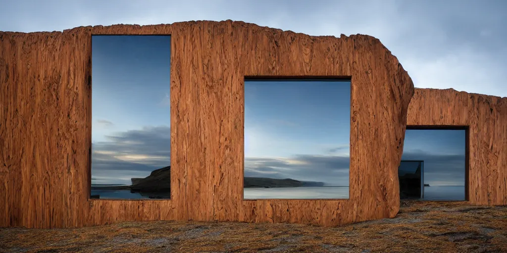 Image similar to futuristic architect house made from deconstucted wood and mirrors, iceland landscape photography, by lurie belegurschi and gunnar freyr
