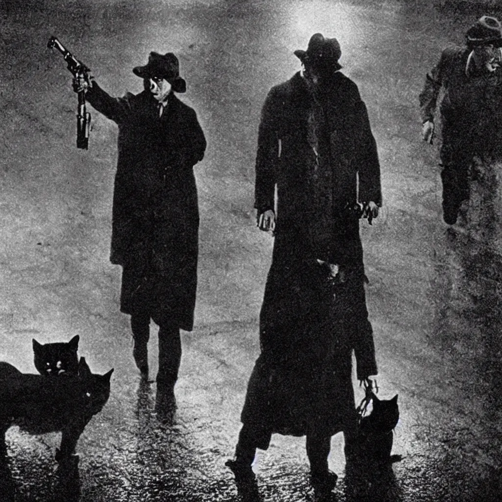 Prompt: GUN, MURDER, man holding gun in hand, in a dark rainy street at night, 1920, GUNshot, bullet, MURDER SCENE, hat, raincoat, black cat, killer, by John Alton, Robert Siodmak, Fritz Lang, and Otto Preminger, film noir, old film, grain, dark, nightmare, DEAPTH OF FIELD