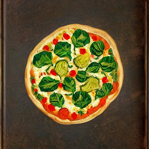 Image similar to detailed vegetable pizza painting by van gogh