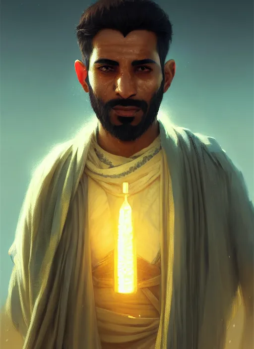 Image similar to highly detailed portrait arab man modern, fighter, yellow charcoal, stephen bliss, 8 k, unreal engine, fantasy art by greg rutkowski, loish, rhads, ferdinand knab, makoto shinkai and lois van baarle, ilya kuvshinov, rossdraws, tom bagshaw, global illumination, radiant light, detailed and intricate environment