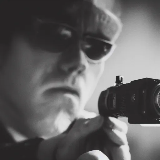 Image similar to An atmospheric close up photo of A man sticking a gun in the camera, bokeh, hard grain film, masterpiece