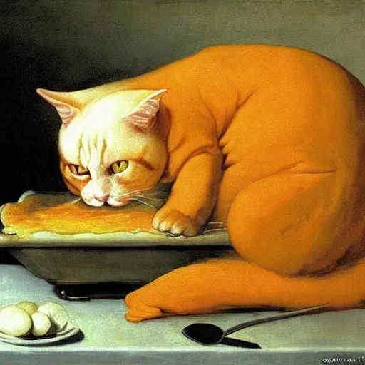 Image similar to realistic baroque painting of a giant fat orange tabby cat preparing to devouring a steaming hot lasagna, oil painting by goya, caravaggio, dramatic lighting, garfield by jim davis