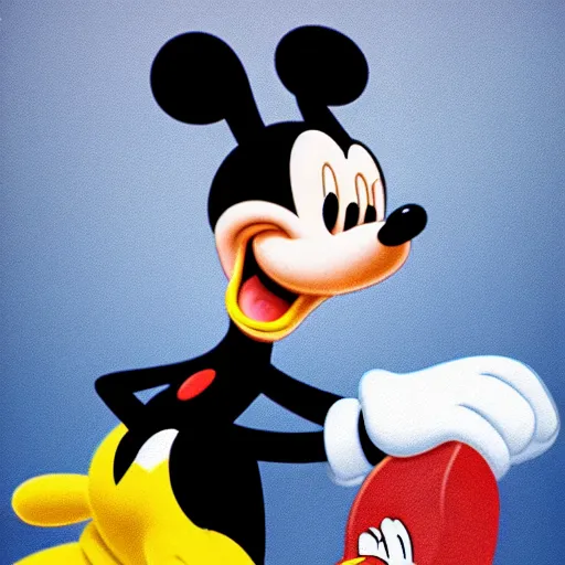 Prompt: mickey mouse holding the head of daffy duck while standing on a pile of bugs bunny corpses