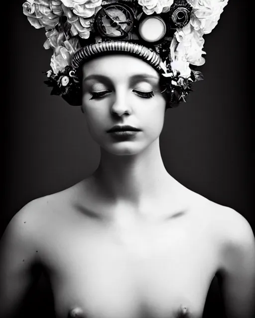Image similar to a black and white high quality dreamy photo of a young beautiful female queen-pale dragon-vegetal-cyborg bust with a very long cyborg neck and a steampunk flower crown, elegant, highly detailed, poetic, soft, dreamy, mysterious, high fashion, in the style of Horst P. Horst, Metropolis, Realistic, Refined, Digital Art, Highly Detailed, Cinematic Lighting, rim light, black and white, photo-realistic, 8K