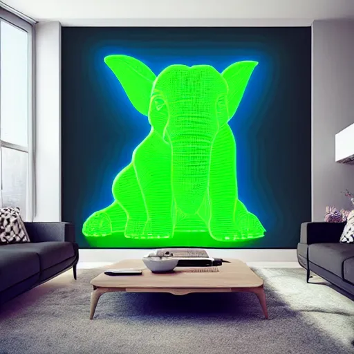 Prompt: a neon elephant yoda, placed in a large living room, art designers magazine HD photo superrealism 3d 8k resolution