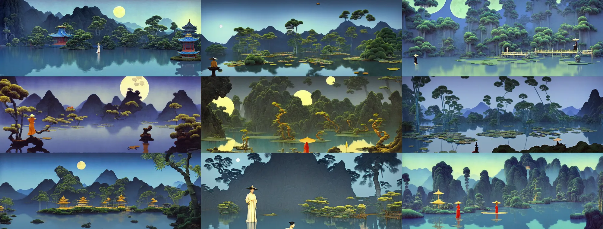 Image similar to a gorgeous landscape painting by barlowe wayne maxfield parrish and marco mazzoni. chinese temple. drak blue night sky. just one winter moon!! just one lonely chinese wuxia with bamboo hat walks on the winding steps. blooming lotus lake!! ultra clear detailed. 3 d, octane render. turbulent blood lake.