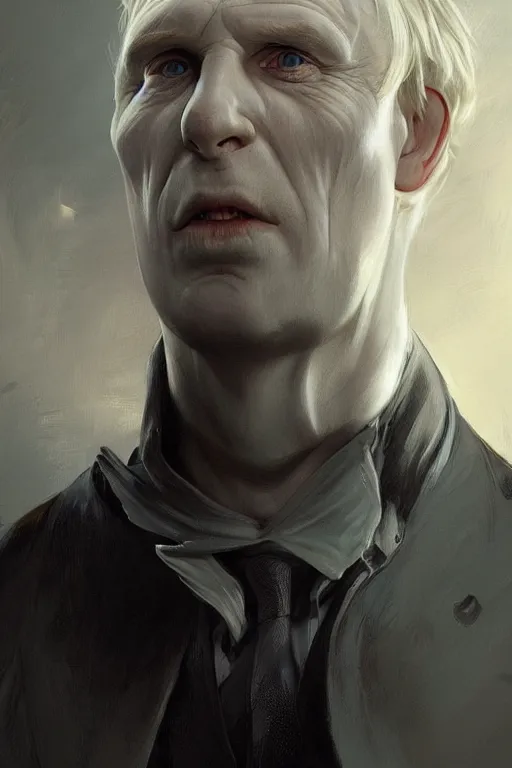 Image similar to Boris Johnson as Lord Voldemort without nose, Boris Johnson hairstyle, masculine figure, highly detailed, digital painting, artstation, concept art, smooth, sharp focus, illustration, cinematic lighting, art by artgerm and greg rutkowski and alphonse mucha