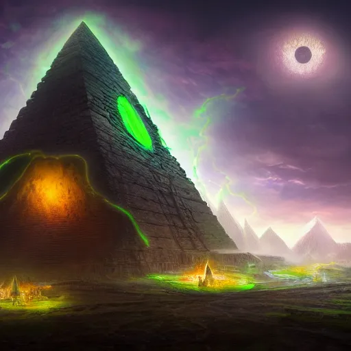 Prompt: a huge chaos dark eldritch pyramid with a giant eye with green ray traced light and corruption by WLOP and tony sart and bekinski, god rays, fantasy art, 4k, HDR, photorealistic, 8k, trending on artstation