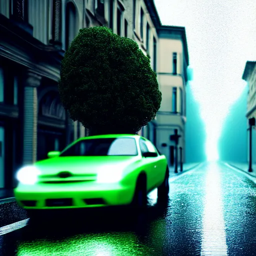 Image similar to car blue, street, rain, green cloud. super realistic 8 k render of a dark hooded powerful elegant, cinematic composition