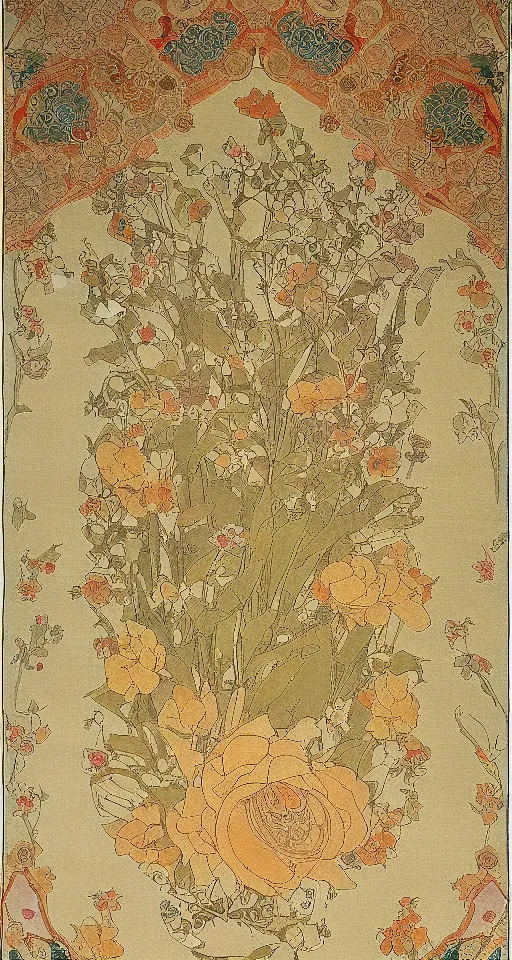 Image similar to Japanese style simple and elegant floral tapestry, Persian carpet, soft colors, by mucha