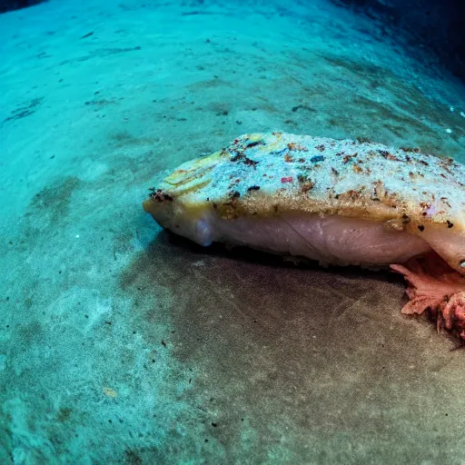 Image similar to an underwater photo of a battered fillet of cod lying on the seafloor