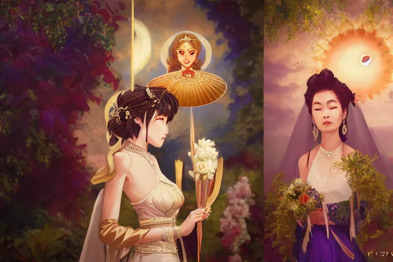 Image similar to a cinematic portrait of wedding photograph jpeg close up moment of a divine a japan sun god and moon goddess lovers magician at a wedding banquet. portraiture. digital painting. artstation. concept art. wedding photo. digital painting. violet evergarden art masterpiece by art by krenz cushart