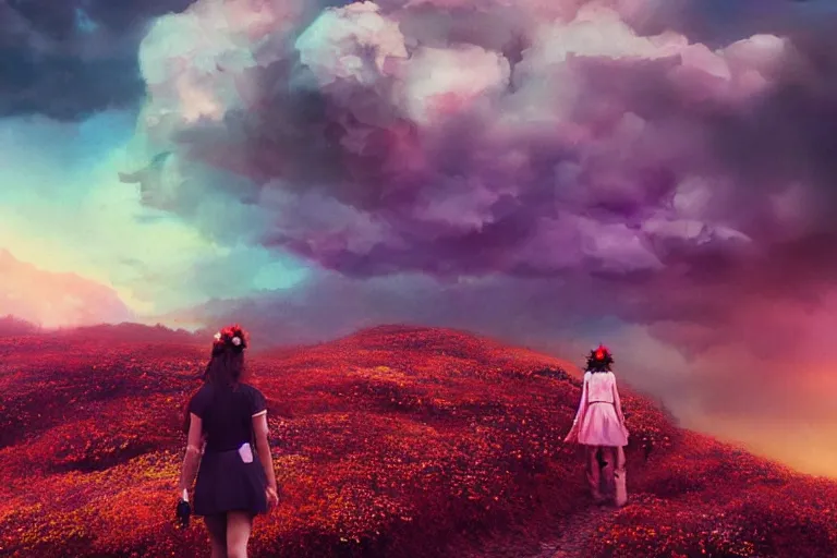Image similar to giant dahlia flower crown under head, girl walking on mountain, surreal photography, colorful storm clouds, dramatic sunset, impressionist painting, digital painting, artstation, simon stalenhag
