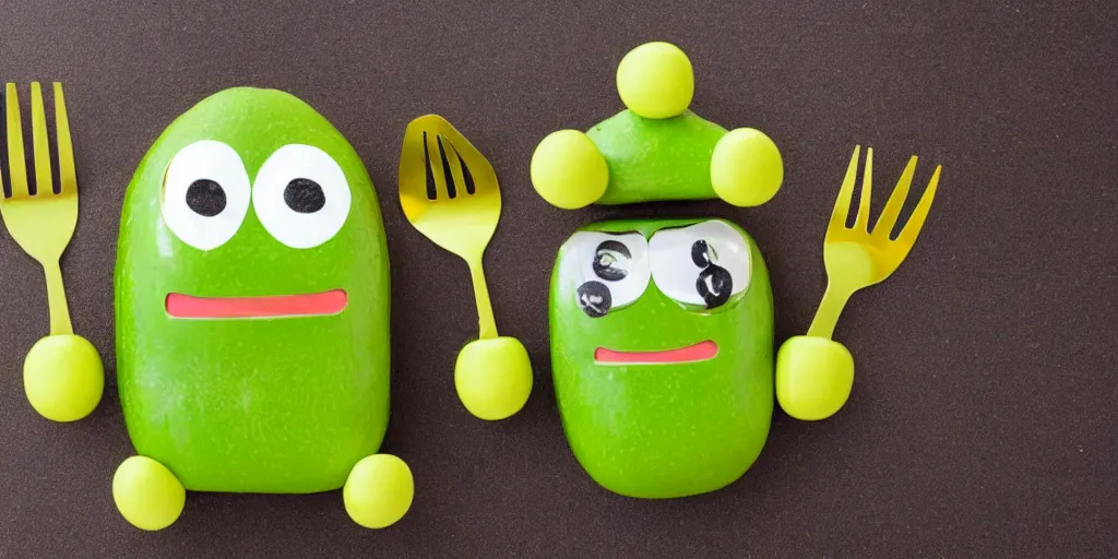 Image similar to cute little smiling avocado robot with cute eyes and forks instead of arms, logo style