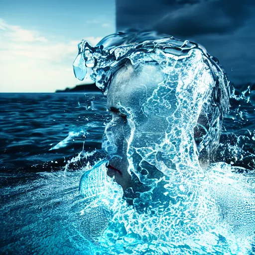 Image similar to spilling water creating a human head out of water, on the ocean water, ray tracing, realistic water sharp focus, long shot, 8 k resolution, cinematic, amazing water art