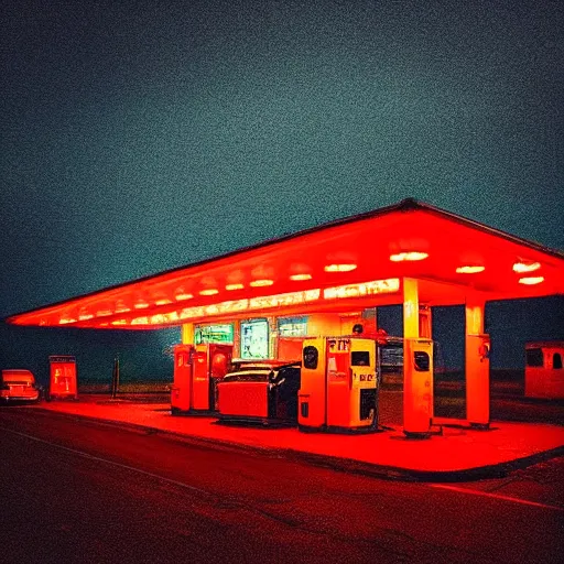 Prompt: “soviet gas station, rain, night, atmospheric lighting, neon glow, lens flare, red lights, digital photography”