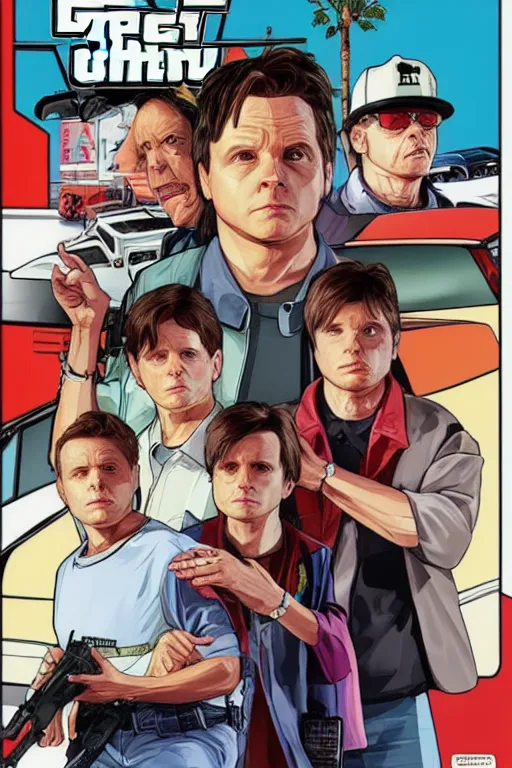 Image similar to GTA V cover art based on Back to the Future, starring Marty Mcfly, played by Michael J Fox. Marty Mcfly on the cover.