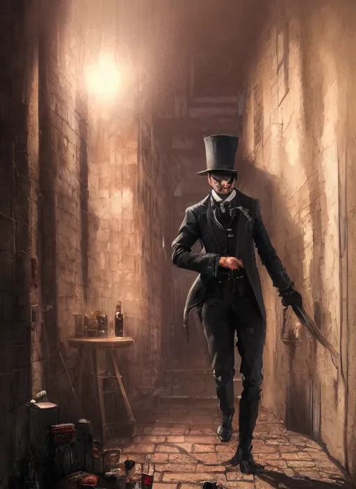 Image similar to highly detailed portrait of jack the ripper, realistic, horror, fantasy art by greg rutkowski, stanley artgerm, loish, rhads, tom bagshaw, global illumination, radiant light, detailed and intricate environment