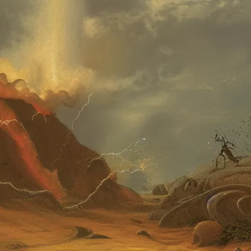 Prompt: hellish landscape, thunderstorm, with massive killer spike hornets terrorizing horrified trilobites, within a dessert