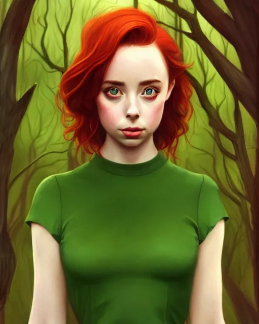 Image similar to gorgeous Kacey Rohl, realistic character concept, red hair, symmetrical face, symmetrical eyes, green dress, forest, trees, shorter neck, cinematic lighting, artgerm, Joshua Middleton, Adreas Rocha, beautiful