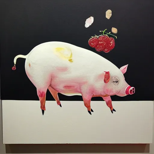 Prompt: “pig paintings and pig sculptures in a pig art gallery, pork, ikebana white flowers, white wax dripping, squashed raspberry stains, acrylic and spray paint and oilstick on canvas, by munch and Dali”