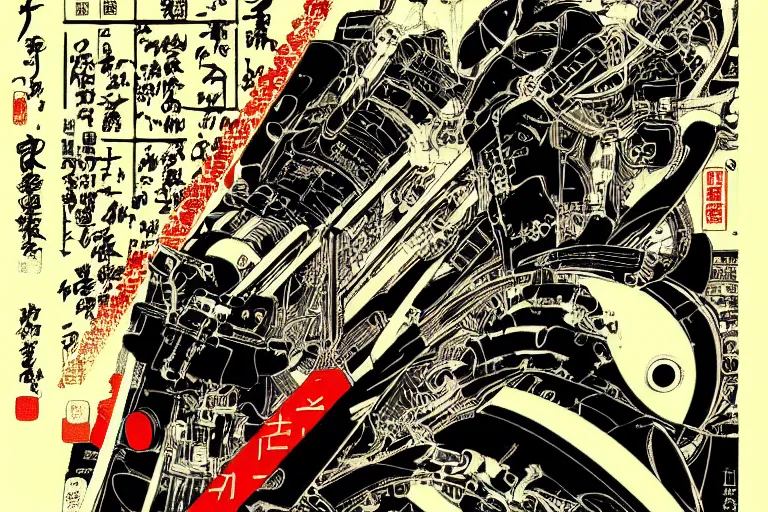 Image similar to futuristic japanese cyberpunk bladerunner silk screen by utagawa yoshiiku, ohara koson, pixiv contest winner, cyberpunk style, cyberpunk color scheme, mechanical, robotic, human machine interface, high resolution, hd