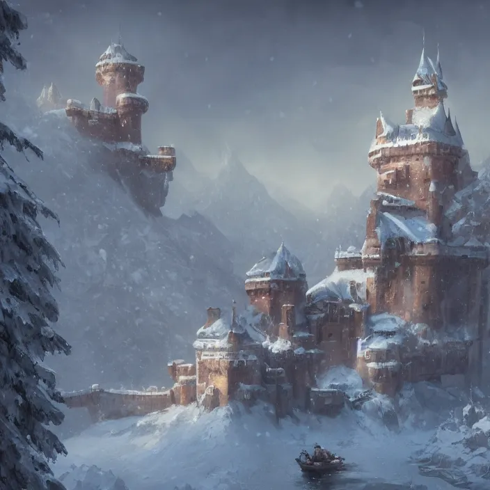 Image similar to a painting of a castle in the middle of a snowy mountain, a detailed matte painting by andreas rocha and greg rutkowski, featured on artstation, fantasy art, matte drawing, matte painting, artstation hq