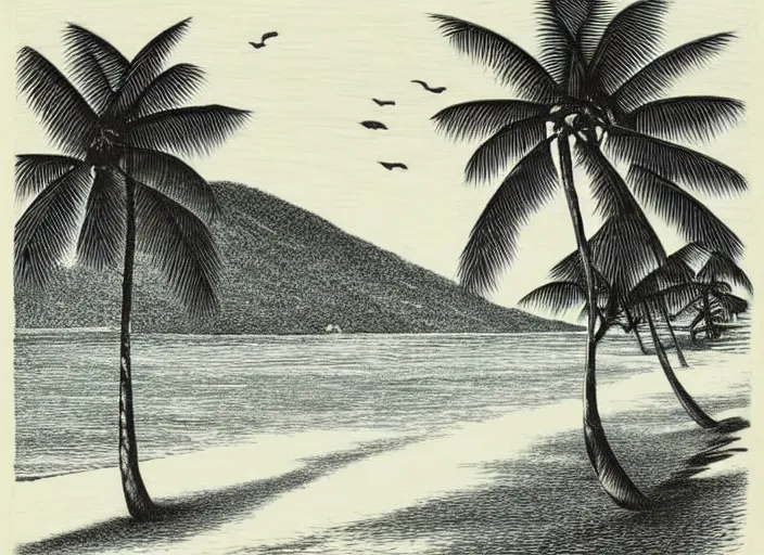 Image similar to a beautiful wood engraving on paper of a beach with coconut palms