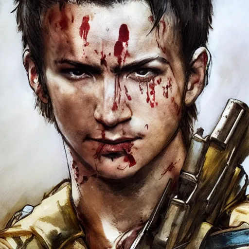 Prompt: portrait of a white young hero holding his sword in front of his face by yoji shinkawa, high quality, extra details, realism, ornate, colored, golden chain, blood, white skin, short hair, brown eyes, vivid, sunlight, dynamic, american man, freedom, white american soldier, painting