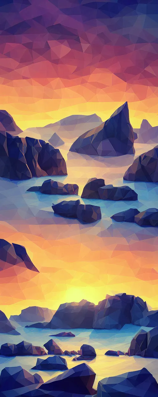 Image similar to super detailed color lowpoly art, northern sunset with rocks on front, monochrome photorealistic bay in the middle of perspective and mountains at background, big graphic vessel in the middle of composition, unreal engine, high contrast color palette, 3 d render, lowpoly, colorful, digital art, perspective, full volume composition, robb cobb, robert mccall, syd mead