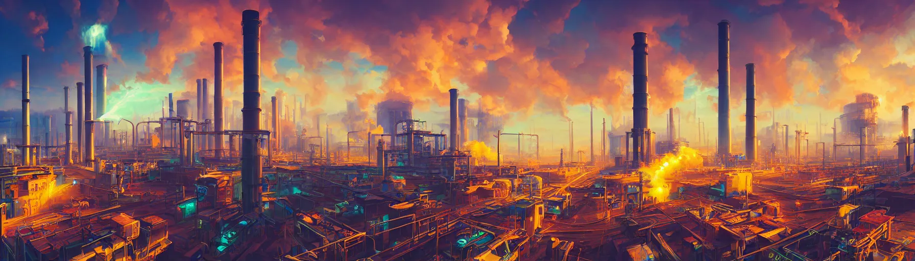 Prompt: a digital cyberpunk mural of a massive factory pumping out billowing clouds of creative images and carbon emissions from a tall smokestack, by RHADS, vibrant, colourful, 4k, lens flare, panoramic, cyberpunk