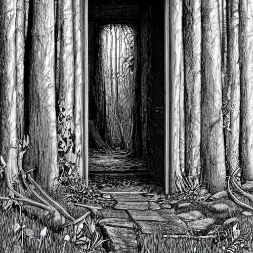 Image similar to door to another world in a forest, Michael Whelan, artstation, Martin McKenna, pen and ink, black and white