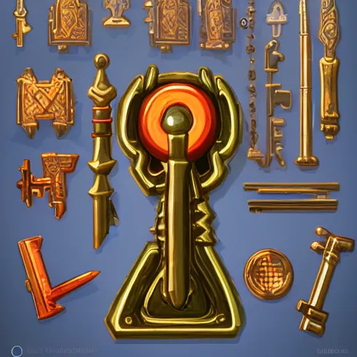 Image similar to a stylised old colorful metal key, key is on the center, rpg game inventory item, rim light, outer glow, on the white background, trending on artstation