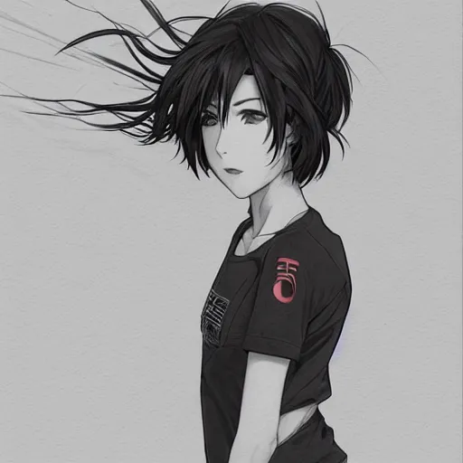 Image similar to a girl is running, sport clothing, anime style, short hair, hair down, symmetrical facial features, from arknights, hyper realistic, highly detailed, rule of thirds, extreme detail, detailed drawing, trending artstation, realistic lighting, shoulder eyes, by alphonse mucha, greg rutkowski, sharp focus, backlit, real faces, realistic anatomy