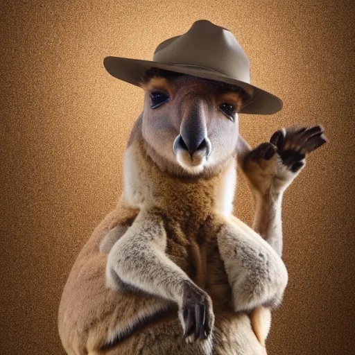 Image similar to a photo of a buff kangaroo wearing a safari hat and vest, studio photography, 8 k