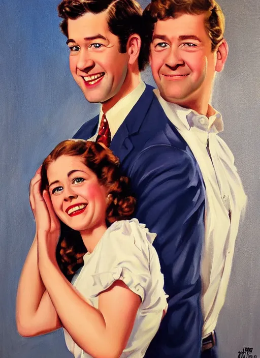 Image similar to portrait painting of jim halpert and pam beesly, happy couple, in the style of gil elvgren