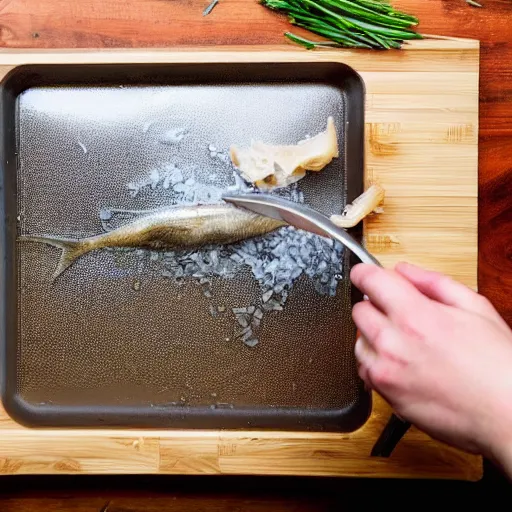 Image similar to fish being cut in a food processor