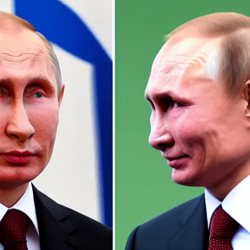 Image similar to putin teams up with a teenage putin, perfect faces