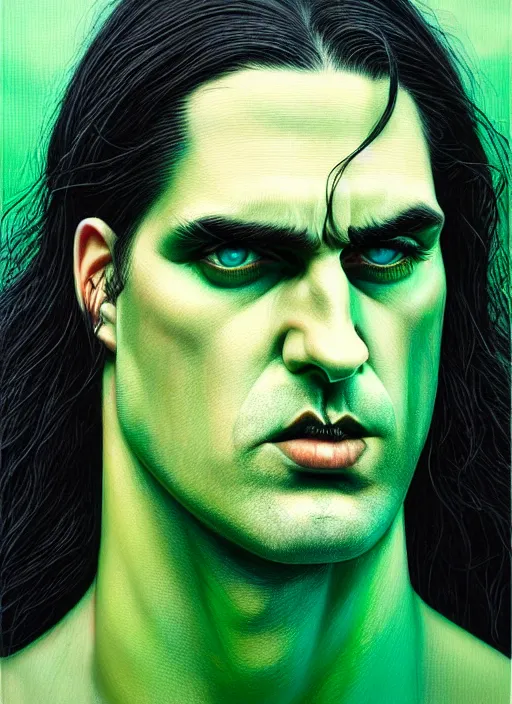 Image similar to hyper detailed ultra sharp type o negative peter steele photorealistic sulking portrait, somber gothic aesthetic, masterpiece, elite, illustration, art by sachin teng, felix englund, organic matte painting, emerald color palette, hard edges, graffiti, street art 8 k