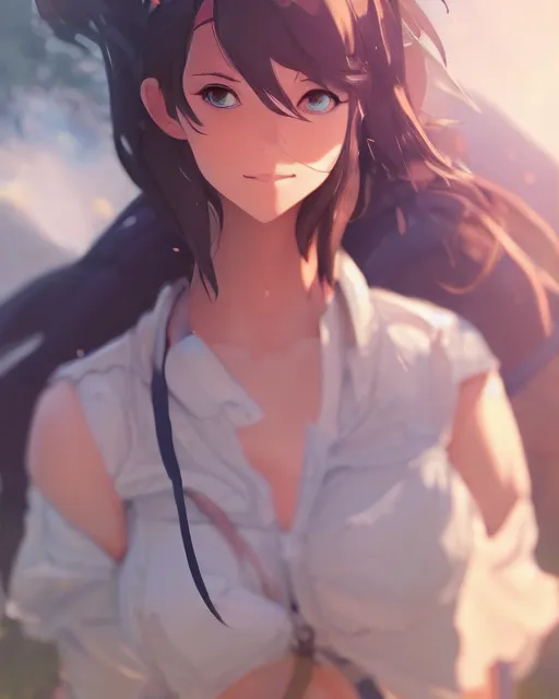 Prompt: a girl on a hike, sexy outfit, medium shot, visible face, detailed, perfectly shaded body, perfectly shaded face, atmospheric lighting, by makoto shinkai, stanley artgerm lau, wlop, rossdraws