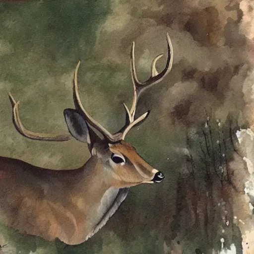 Prompt: deer with a cigarette in its mouth and thick smoke coming out of the cigarette, very detailed, thick paint, expressive, brown and green palette, rule of thirds, dripping paint, thick strokes