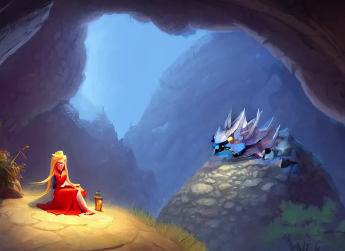 Prompt: grumpy disney dragon princess sitting in a cave, fantasy, concept art, artstation, disney, pixar, dreamworks, anime, tyler edlin, feng zhu, thomas karpi