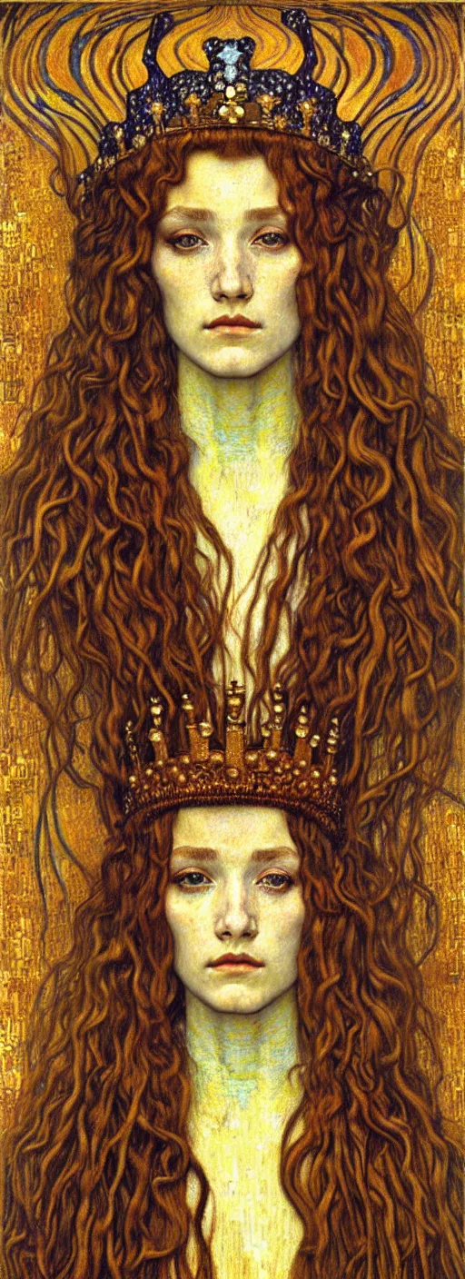 Image similar to detailed realistic beautiful young medieval queen face portrait by jean delville, gustav klimt and vincent van gogh, art nouveau, symbolist, visionary, gothic, pre - raphaelite, muted earthy colors, desaturated