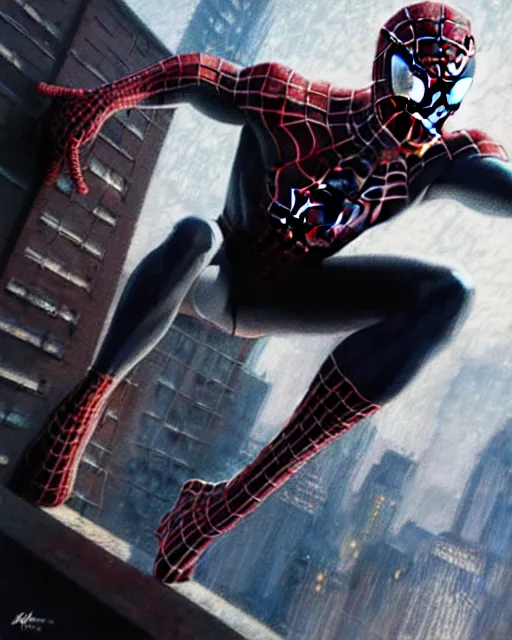 Image similar to A black substance is taking control of spiderman, highly detailed, intricate reflection patterns, sharp focus, art by Artgerm and Greg Rutkowski and WLOP