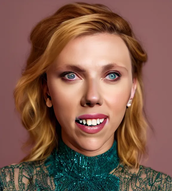 Image similar to beautiful portrait photo of Scarlett Johansson, slight smile, 85mm, teal studio backdrop