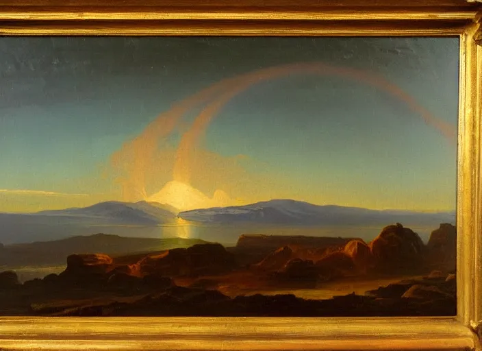 Prompt: mount olympus, mars in the style of hudson river school of art, oil on canvas