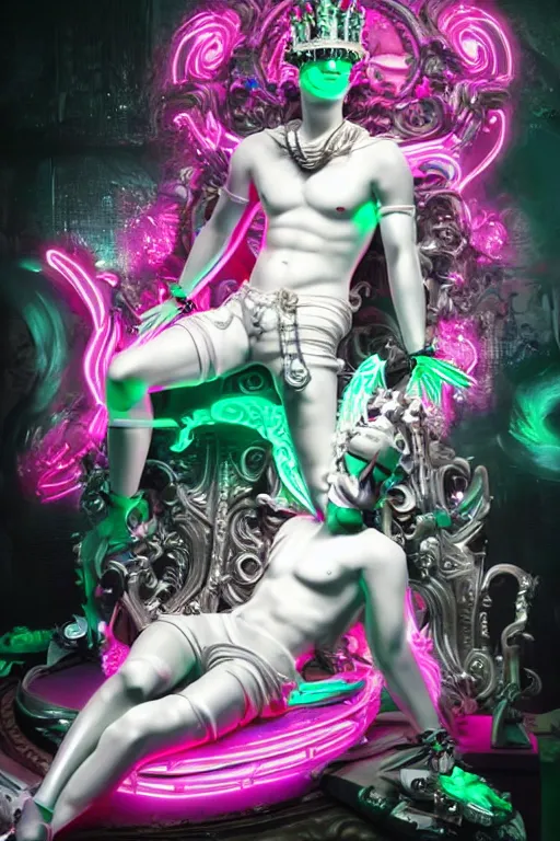 Image similar to full-body rococo and cyberpunk style mint neon statue of a young attractive Spanish male macho dotado android reclining sim roupa con piroca, glowing white laser eyes, prince crown of pink gears, diamonds, swirling silver-colored silk fabric. futuristic elements. full-length view. space robots. human skulls. intricate artwork by caravaggio. Trending on artstation, octane render, cinematic lighting from the right, hyper realism, octane render, 8k, depth of field, 3D